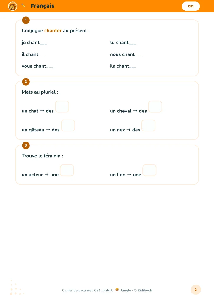 Exercices de français, page 2 du cahier CE1 Kidibook