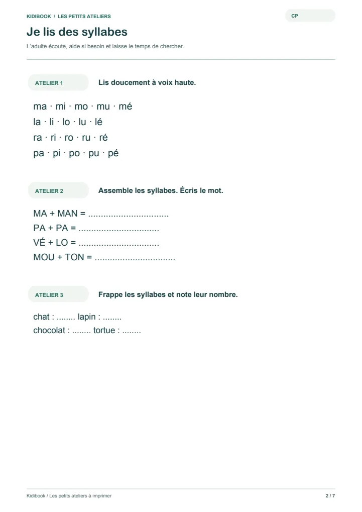 Page 2 du PDF : lire et assembler des syllabes.