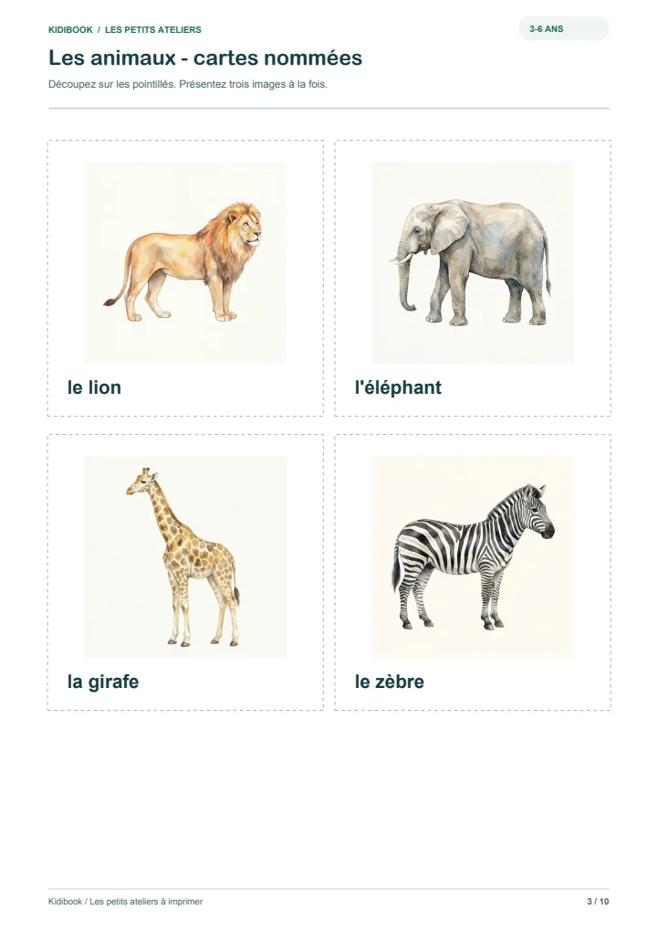 Page 3 du PDF : exemple de cartes du pack animaux, destiné aux 3–6 ans.
