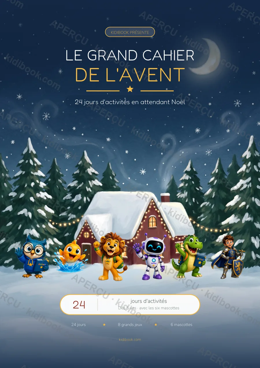 Couverture du Grand Cahier de l'Avent Kidibook avec les six mascottes