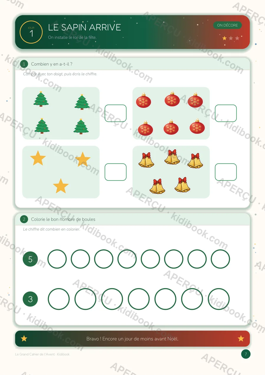Page du jour 1 du cahier de l'Avent : le sapin arrive, compter et colorier les boules