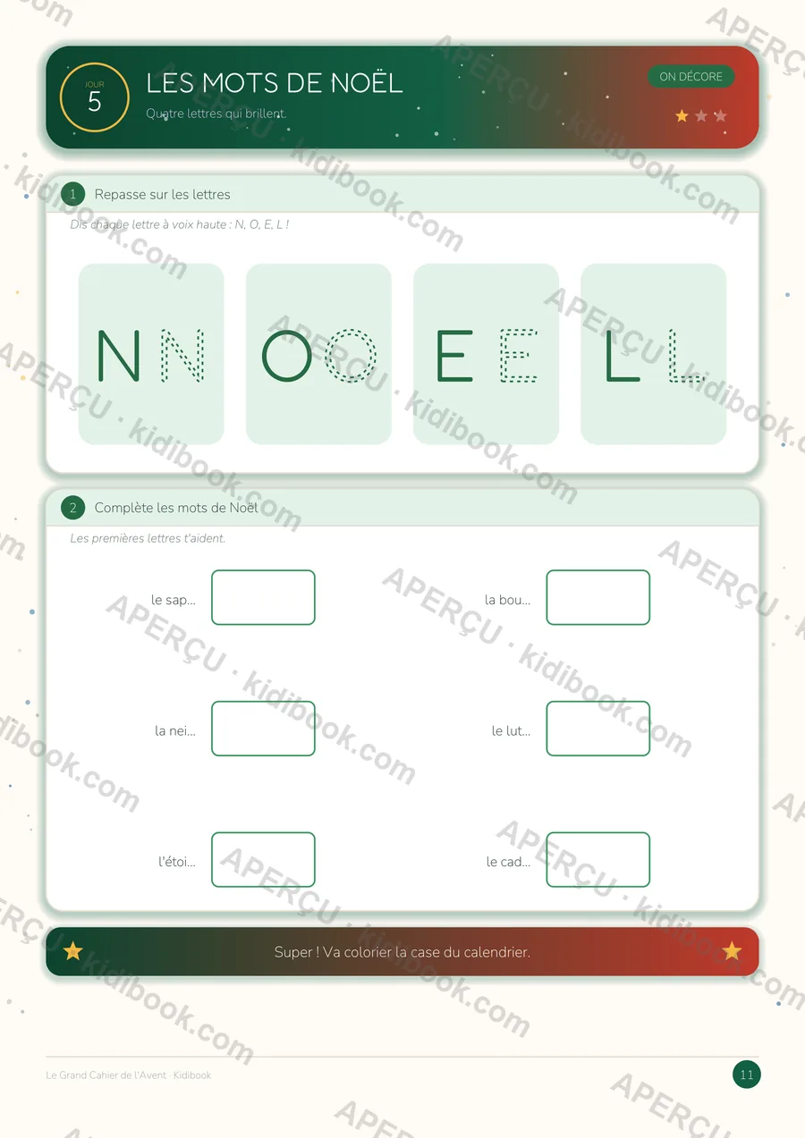 Page du jour 5 du cahier de l'Avent : les mots de Noël, repasser les lettres et compléter les mots