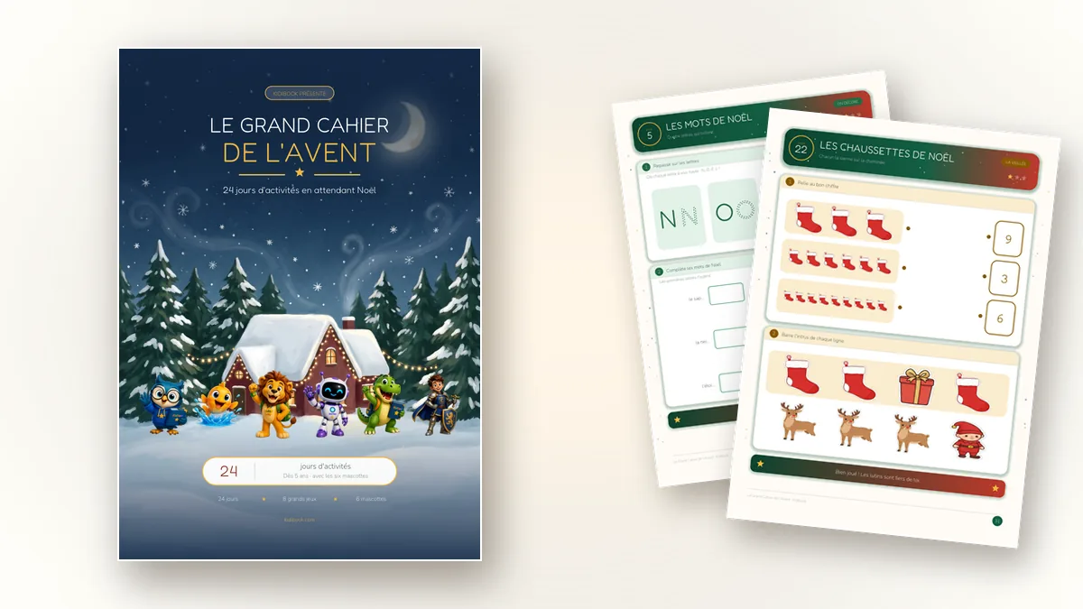 Planche de pages du Grand Cahier de l'Avent Kidibook : couverture, calendrier à colorier et pages du jour avec les six mascottes