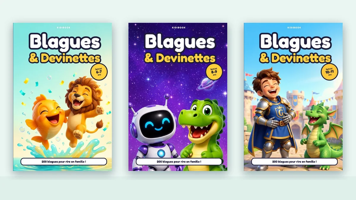 Les trois tomes Blagues et Devinettes de Kidibook : 6-7 ans avec Plouf et Léo, 8-9 ans avec Astro et Rex, 10-11 ans avec Gauvain