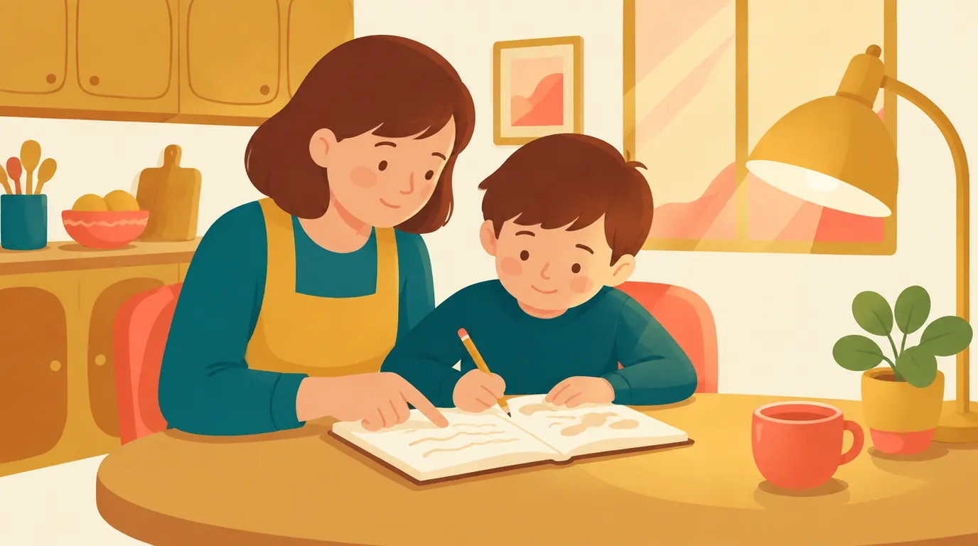 Un garçon de 9 ans écrit avec soin dans son cahier à la table de la cuisine pendant que sa mère lui montre doucement un mot sur la page
