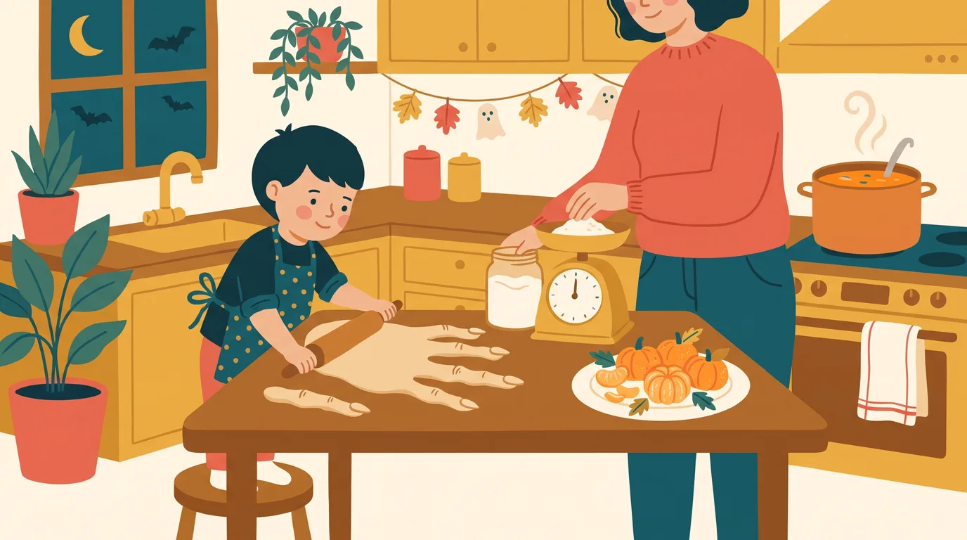 Un enfant façonne des biscuits doigts de sorcière pendant que sa mère pèse la farine, clémentines-citrouilles sur la table