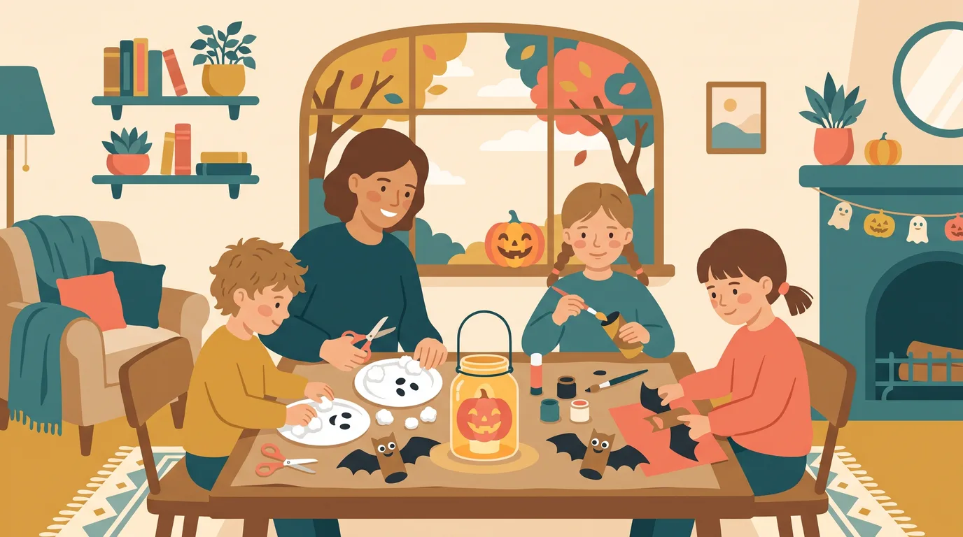 Une maman et trois enfants fabriquent des fantômes en assiette, des chauves-souris en rouleau et une lanterne citrouille pour Halloween