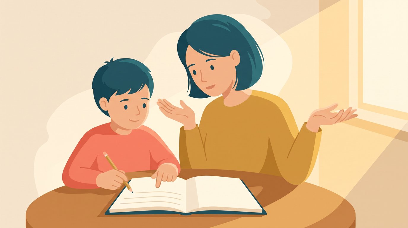 Un enfant relit la consigne de son exercice en suivant la ligne du doigt pendant que son parent, les mains vides et ouvertes, lui pose une question