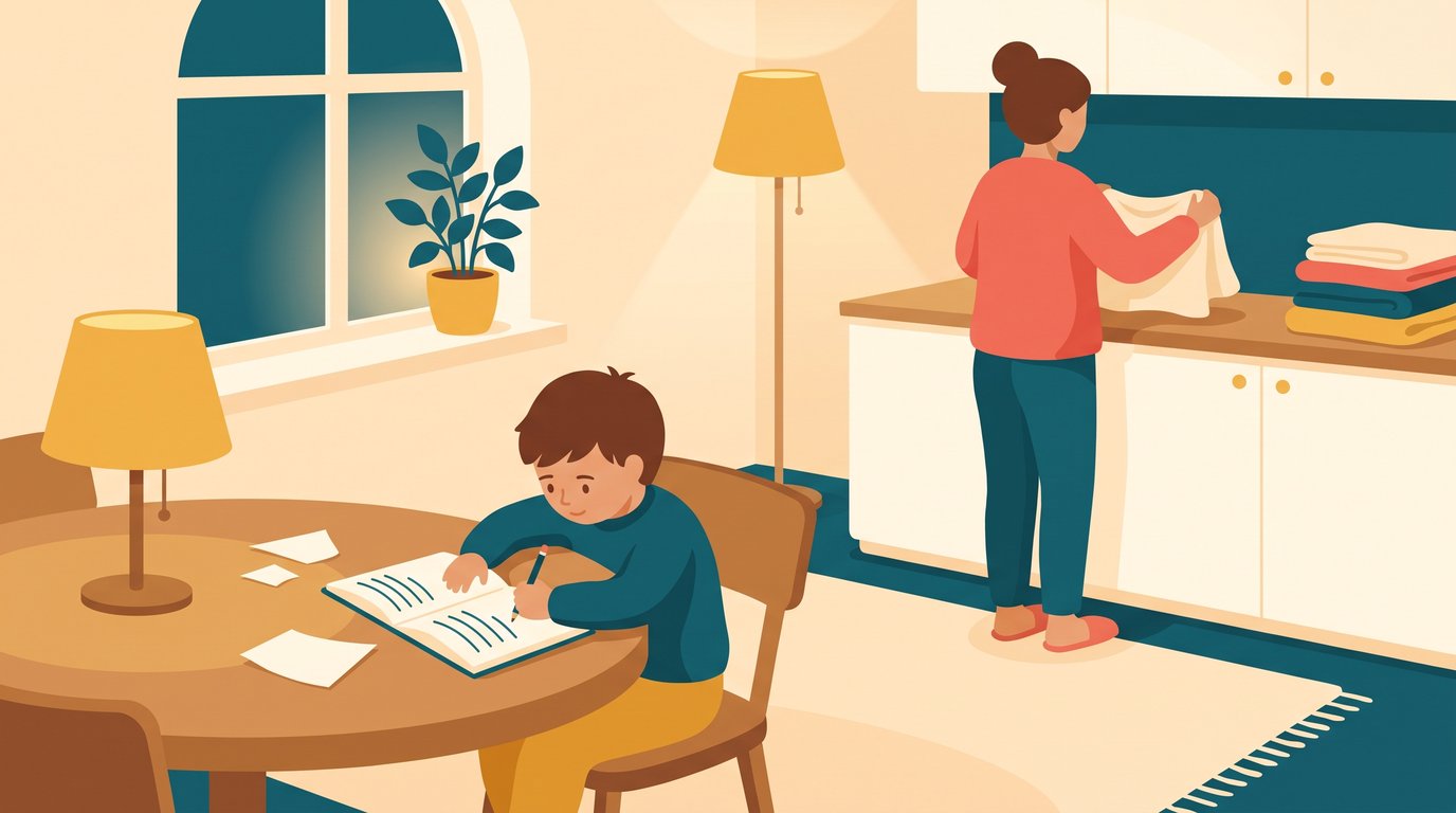 Un enfant travaille seul à la table du salon tandis que son parent plie du linge à l'autre bout de la pièce, disponible mais à distance