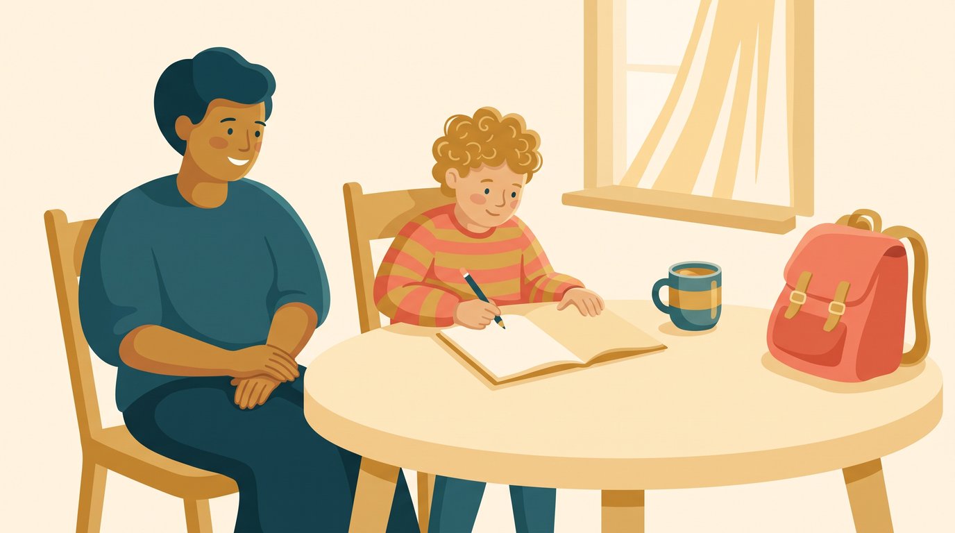 Un parent assis légèrement en retrait, les mains posées sur ses genoux, regarde son enfant écrire seul dans son cahier à la table de la cuisine