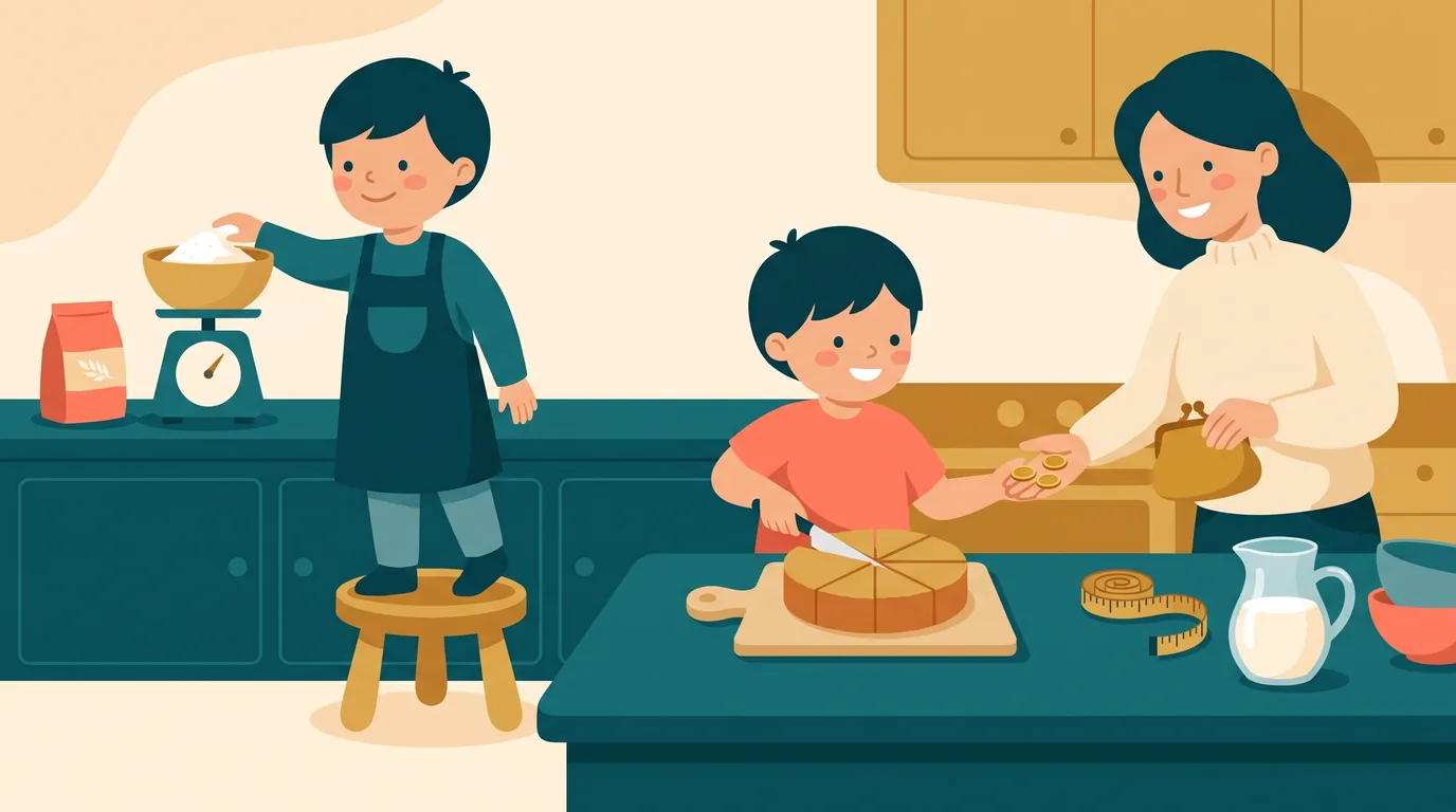 Deux enfants font des maths sans cahier dans la cuisine : l'un pèse de la farine sur une balance, l'autre partage un gâteau en parts égales pendant que leur parent lui tend des pièces