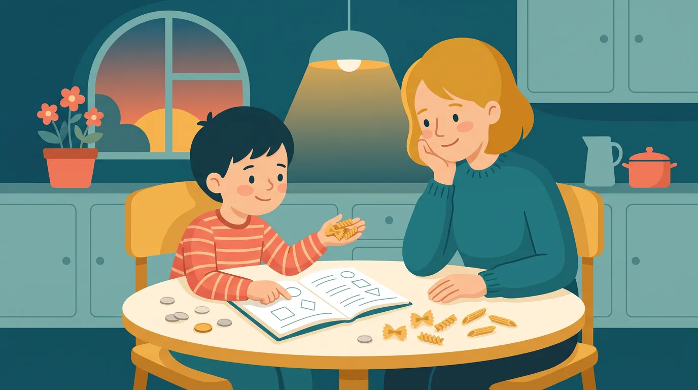 Un parent écoute son enfant expliquer un exercice de maths à la table de la cuisine, des pâtes et des pièces de monnaie posées sur la table pour manipuler