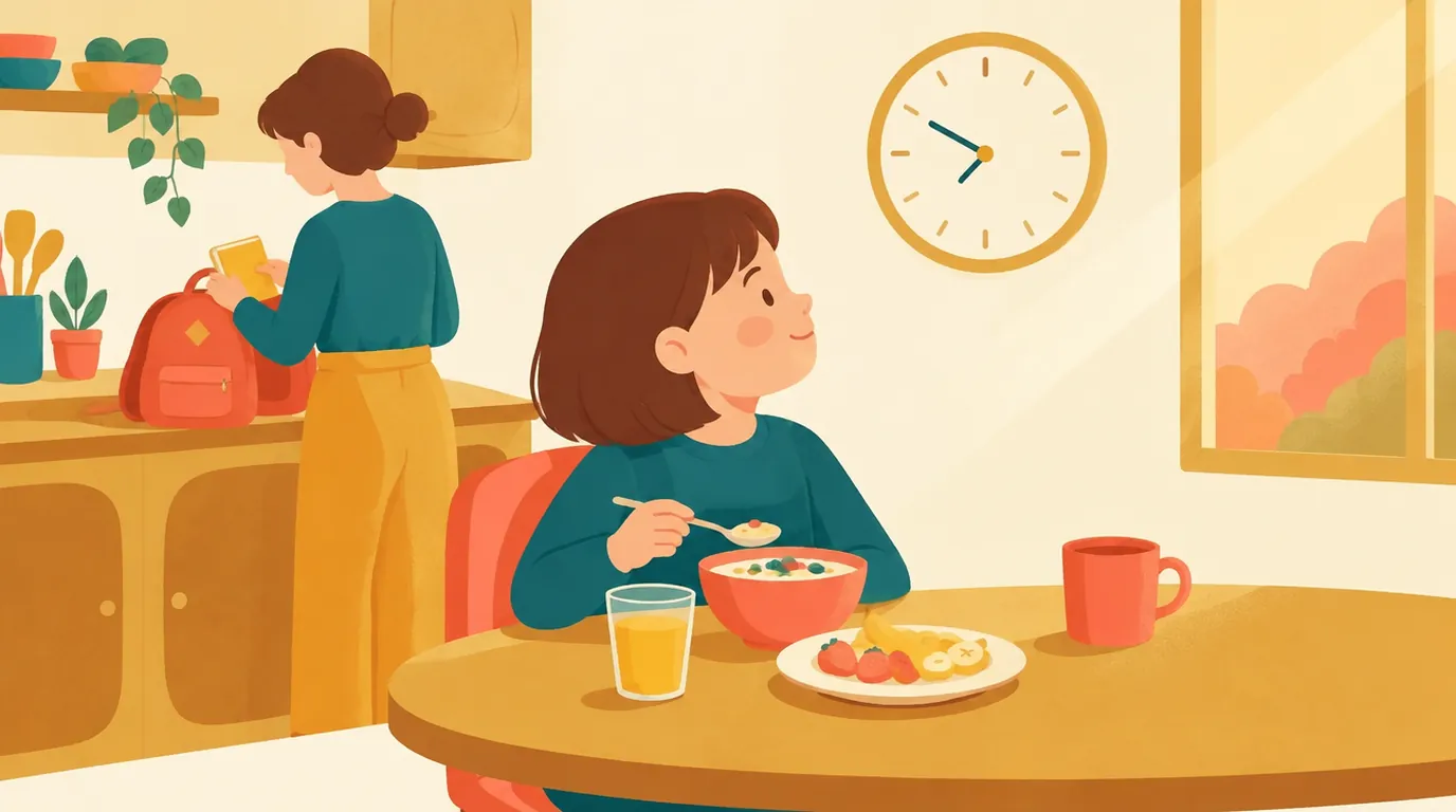Au petit-déjeuner, une fillette de 7 ans regarde l'horloge murale pendant que sa mère prépare son cartable