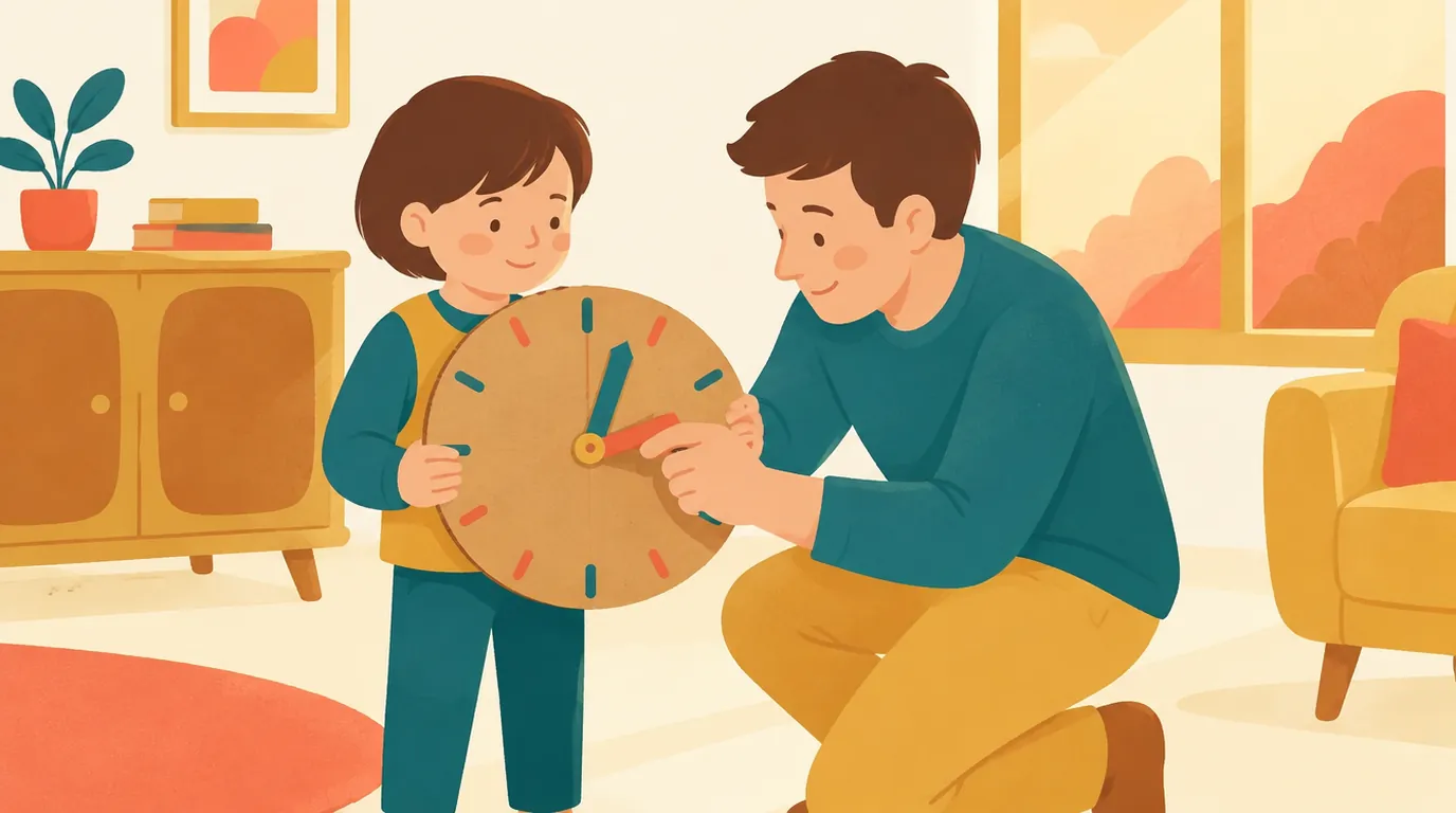 Un garçon de 7 ans tient une grande horloge en carton à deux aiguilles, pendant que son père agenouillé près de lui déplace les aiguilles