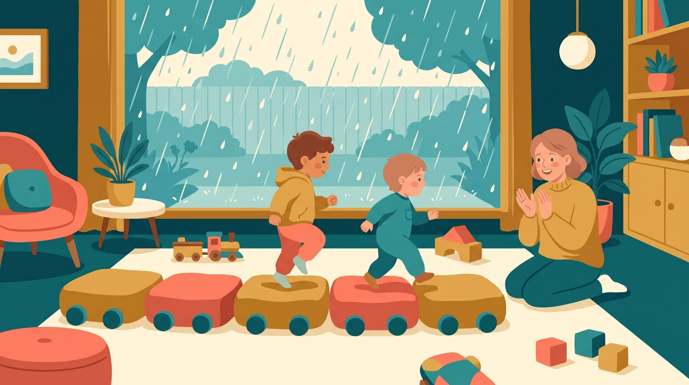 Deux enfants avancent sur une file de coussins colorés comme les wagons d'un train