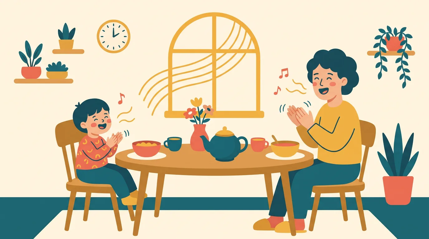 Un parent et son enfant chantent en tapant dans leurs mains à la table du petit-déjeuner