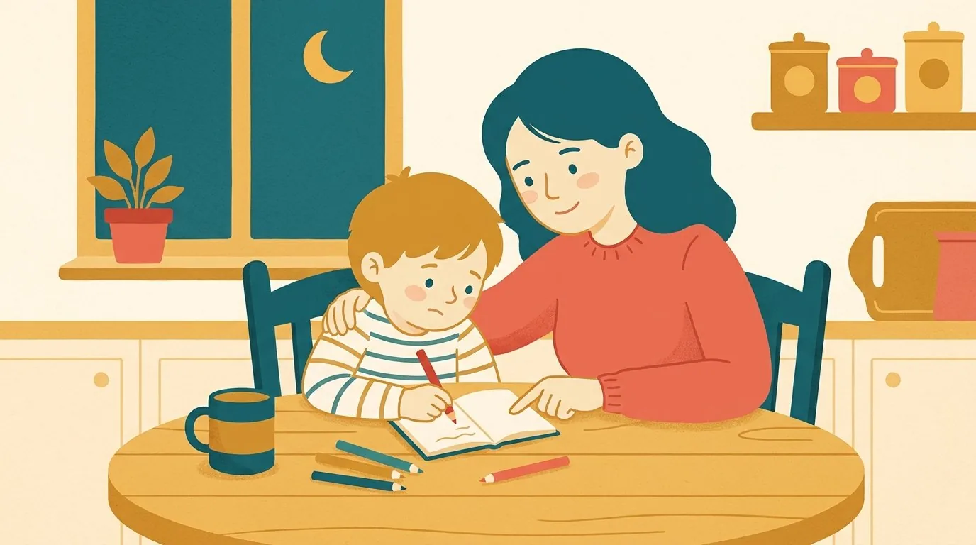 Une mère montre un mot dans le cahier de son enfant, qui l'écrit au crayon rouge à la table de la cuisine