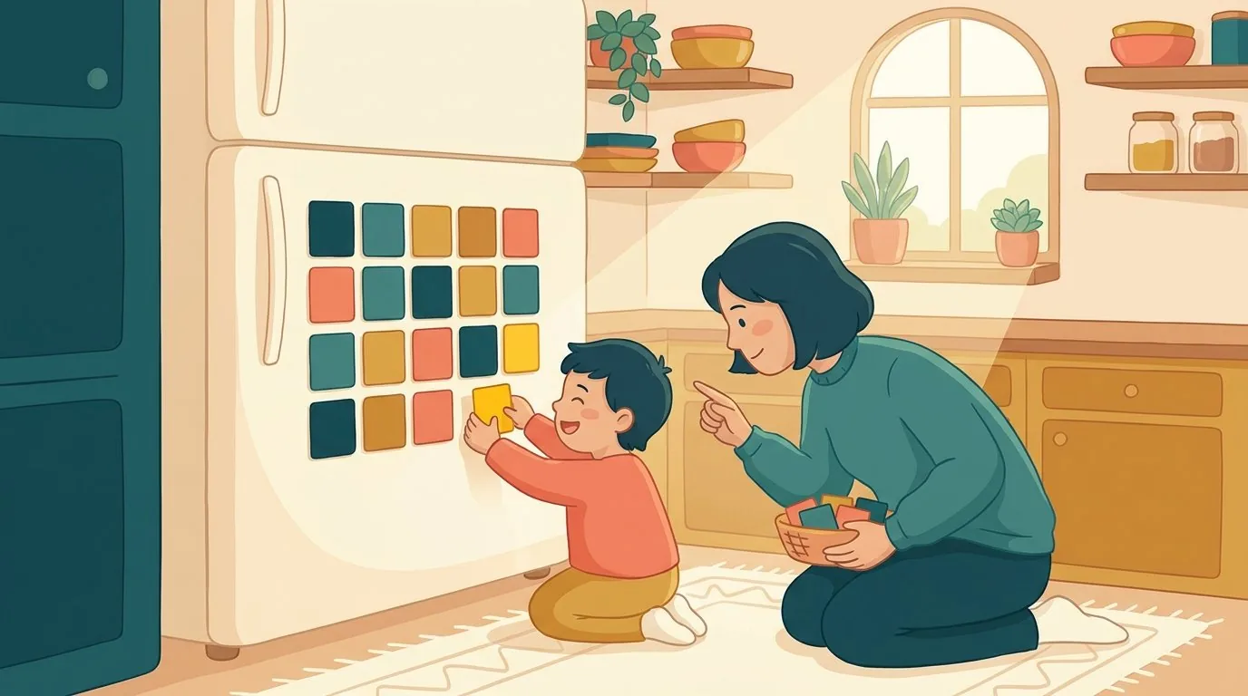 Un enfant colle des cases colorées sur une grille de multiplication accrochée au frigo