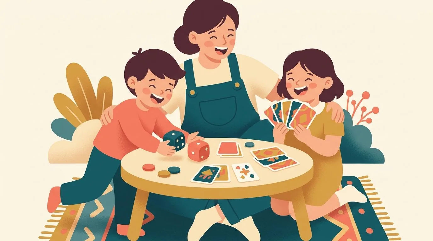 Un parent et deux enfants jouent à un jeu de cartes et de dés sur les multiplications