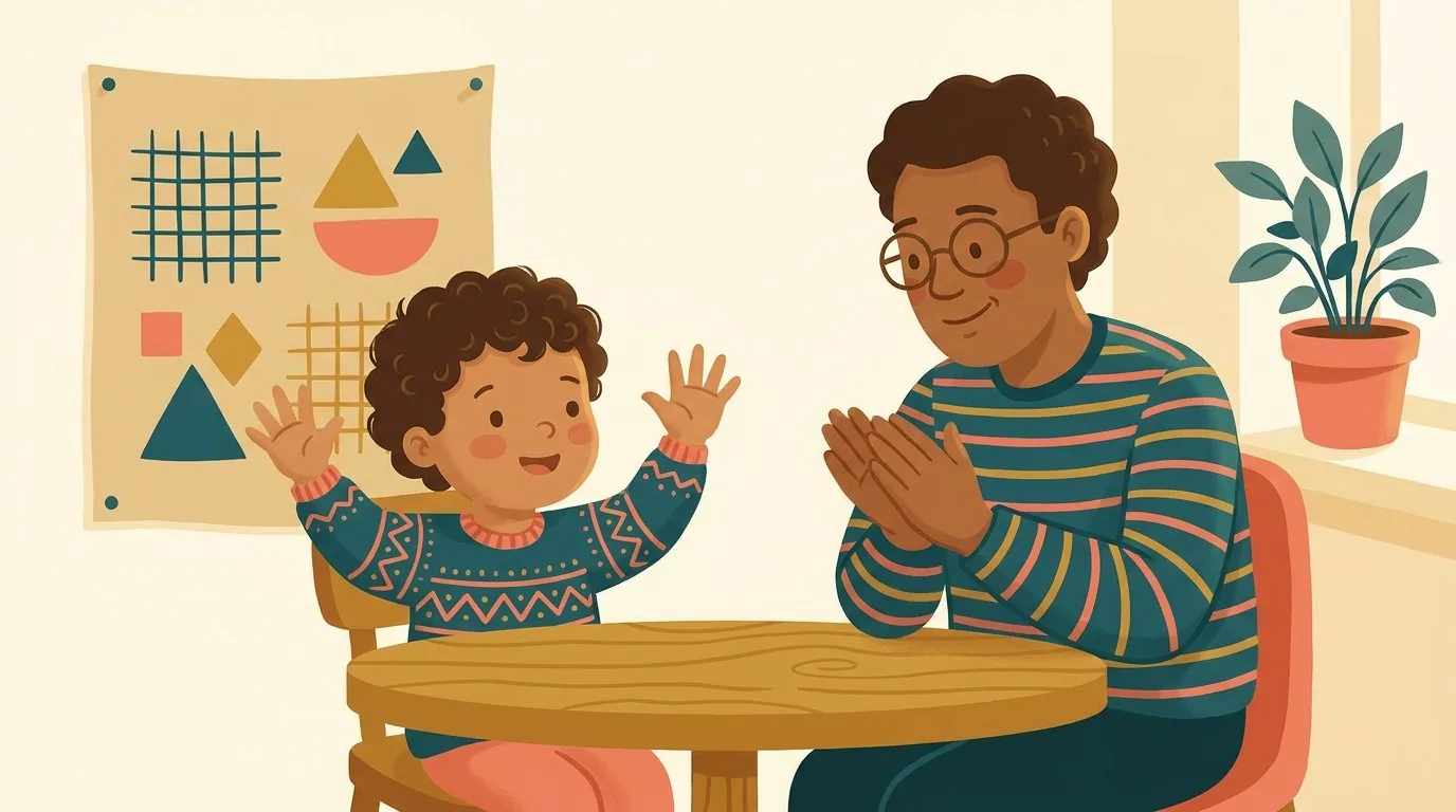 Un enfant montre fièrement l'astuce de la table de 9 sur ses doigts pendant qu'un parent l'applaudit