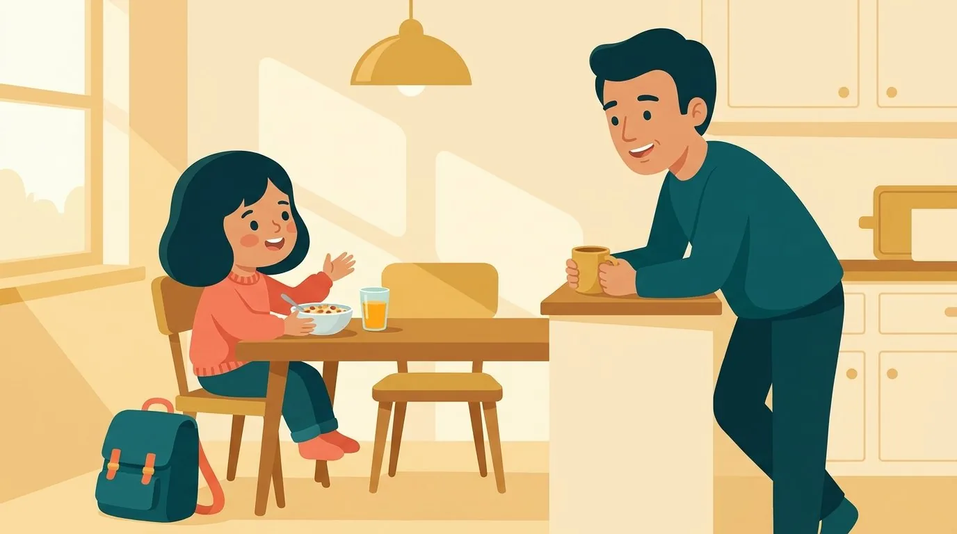 Une fille récite sa leçon au petit-déjeuner devant son bol pendant que son père l'interroge, appuyé au plan de travail de la cuisine