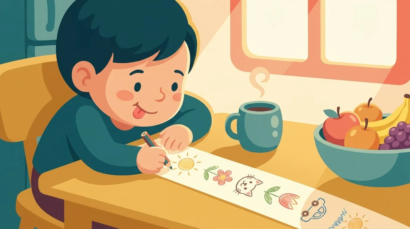 Un enfant dessine une petite vignette par strophe sur une bande de papier à la table de la cuisine