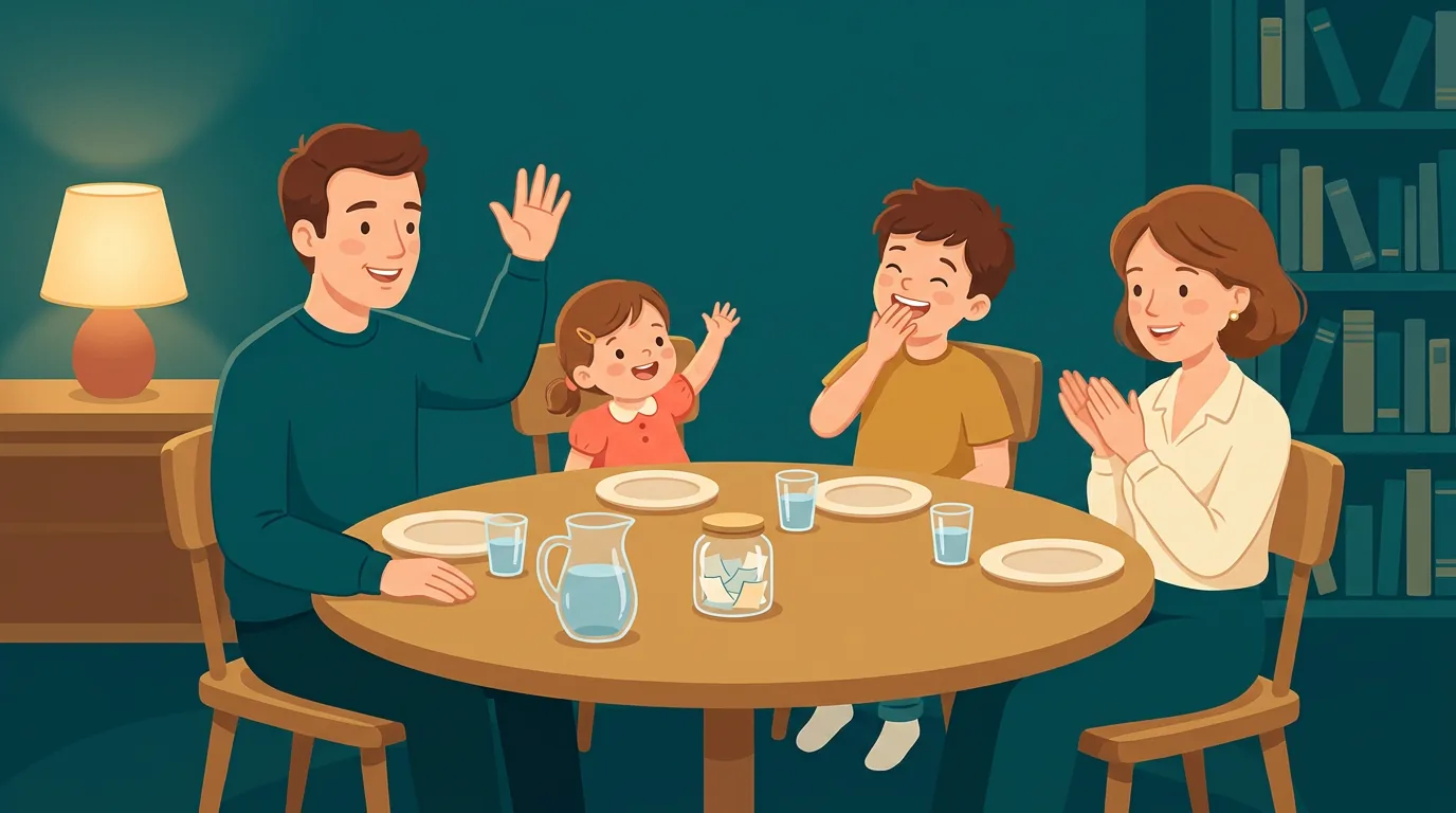 Une famille joue autour de la table du dîner : le père donne la parole, la petite fille lève le bras, le frère rit