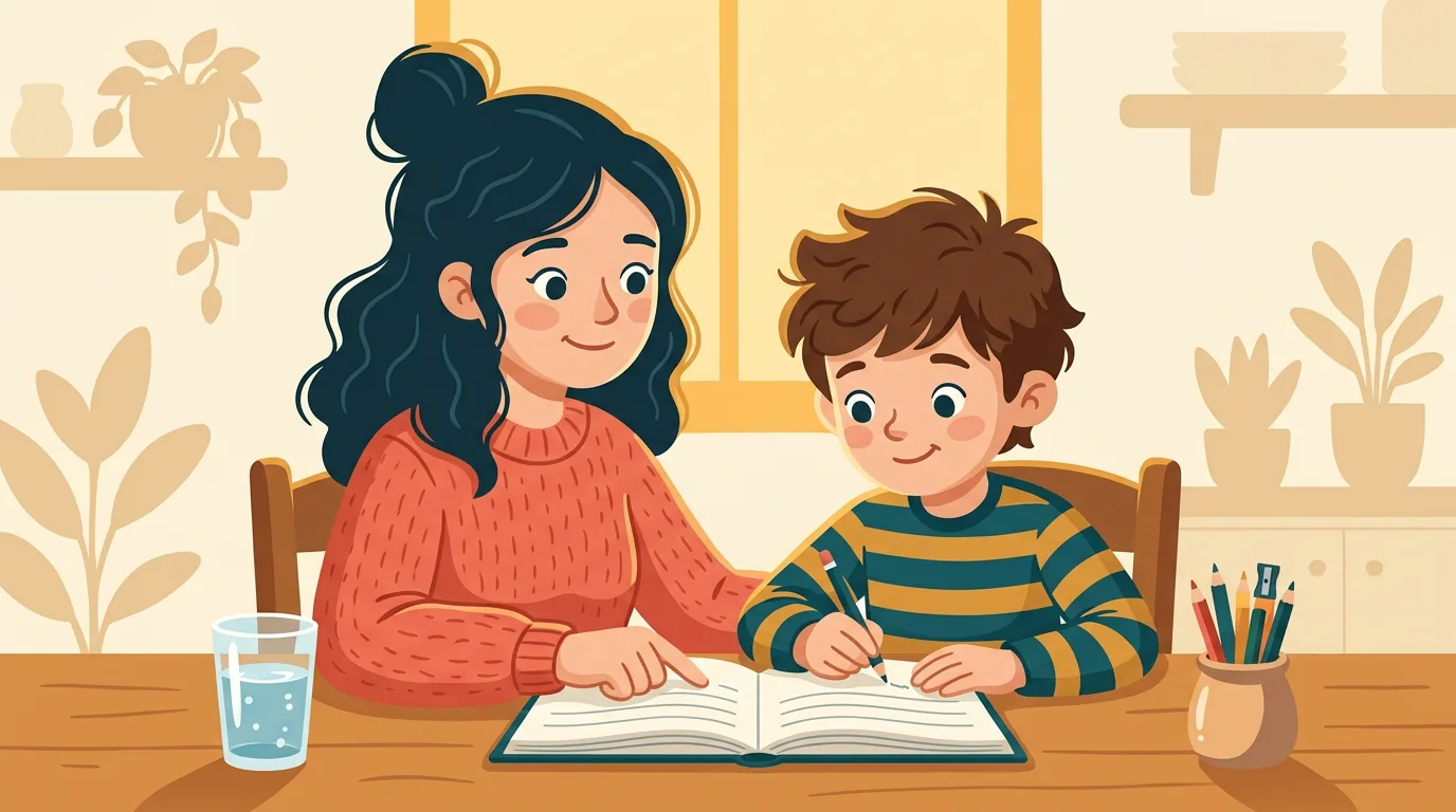 Une mère assise à côté de son fils à la table de la cuisine lui montre une ligne de son cahier, qu'il écrit au crayon