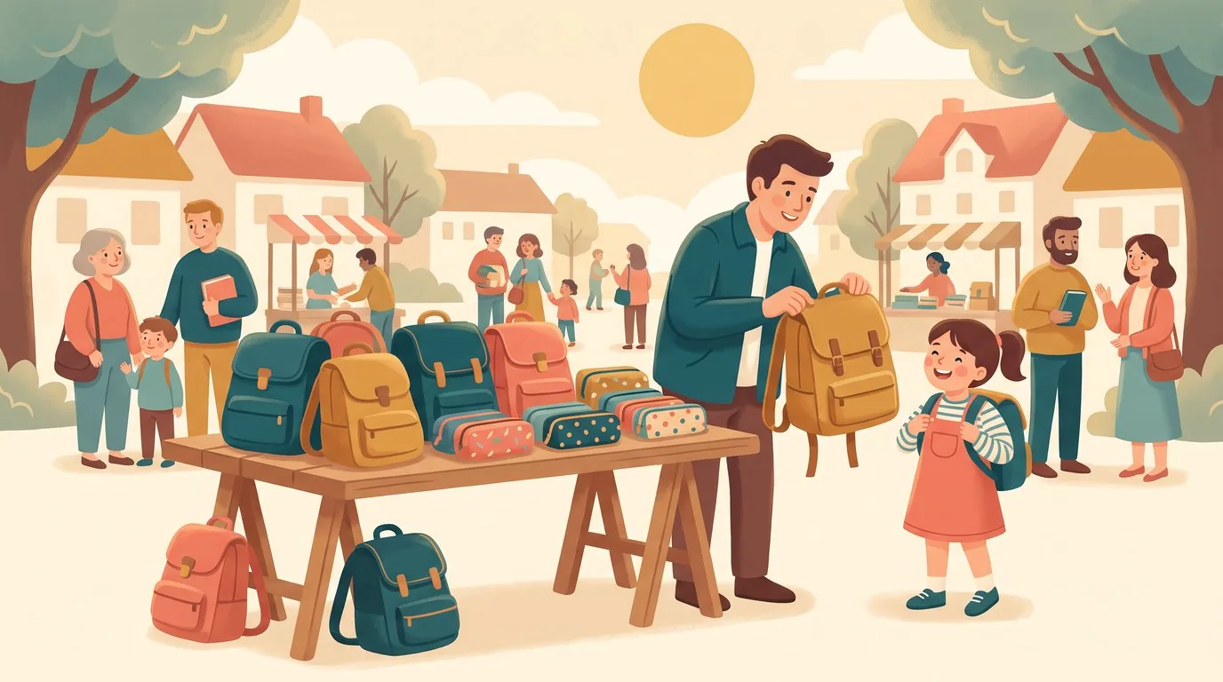 Une bourse aux fournitures en plein air : un père fait essayer un cartable d'occasion à sa fille devant une table couverte de sacs et de trousses