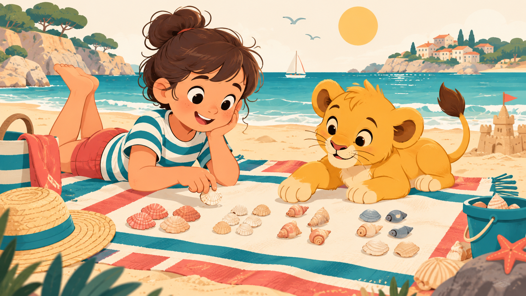 Kind und Löwenjunges spielen mit Muscheln am Strand