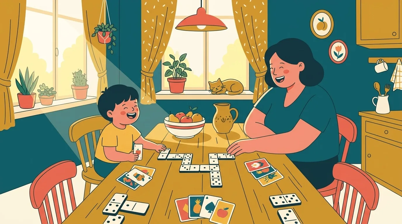Un enfant et un parent jouent aux dominos et aux cartes pour apprendre les tables de multiplication en s'amusant