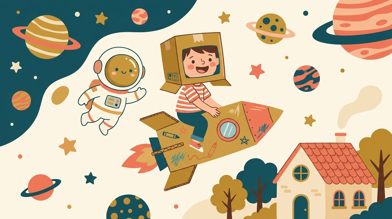 Astro l'astronaute embarque un enfant dans une fusée en carton à travers le monde de l'Espace, chez Kidibook