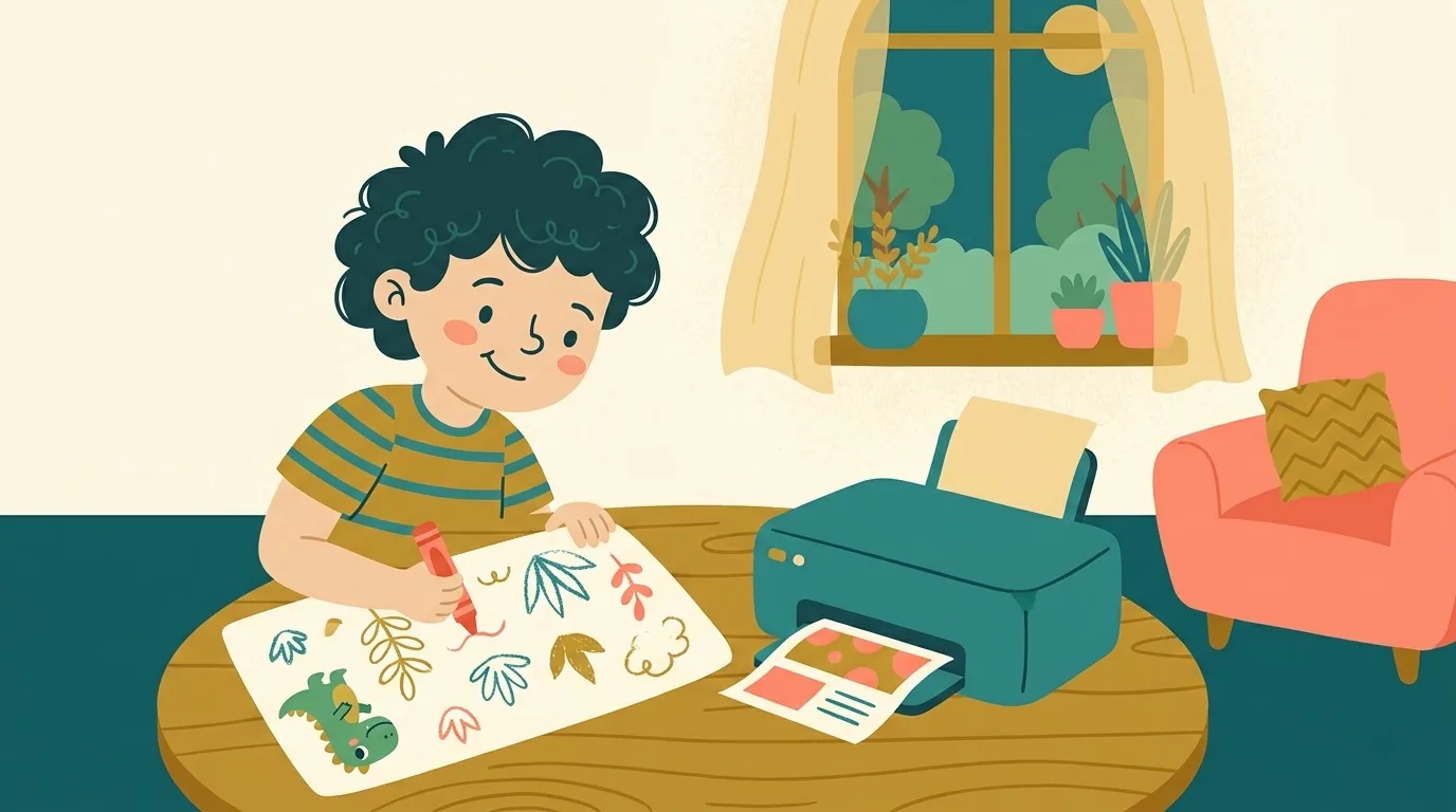 Un enfant de CM1 fait une page de cahier de vacances imprimée à la maison avec Rex le dinosaure, l'été