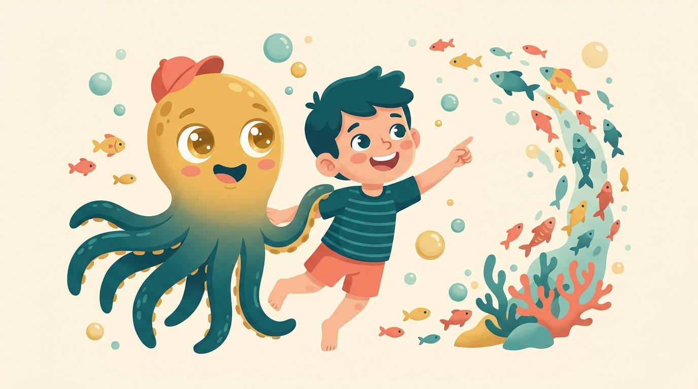 Une petite mascotte poulpe accompagne un enfant qui compte des bulles sur une page de cahier marin