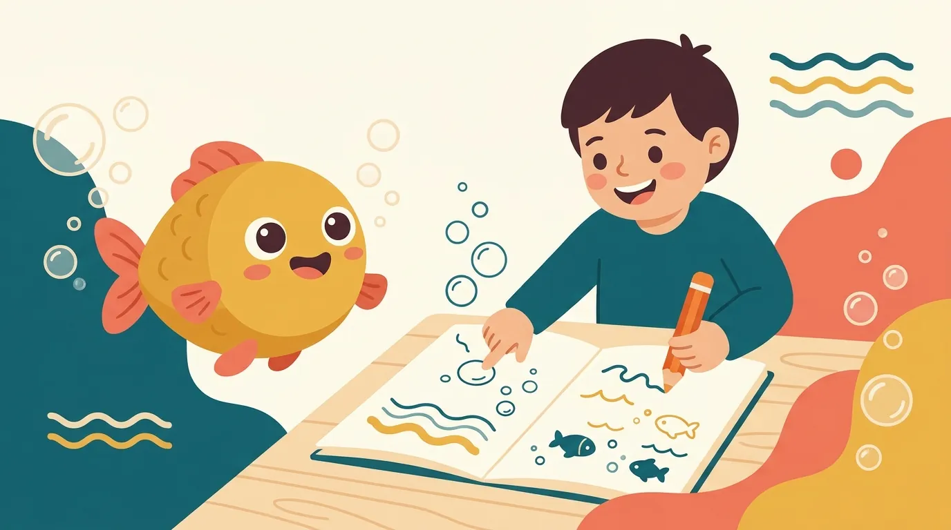 Plouf, la petite mascotte poisson, accompagne un enfant qui compte des bulles sur une page de cahier marin