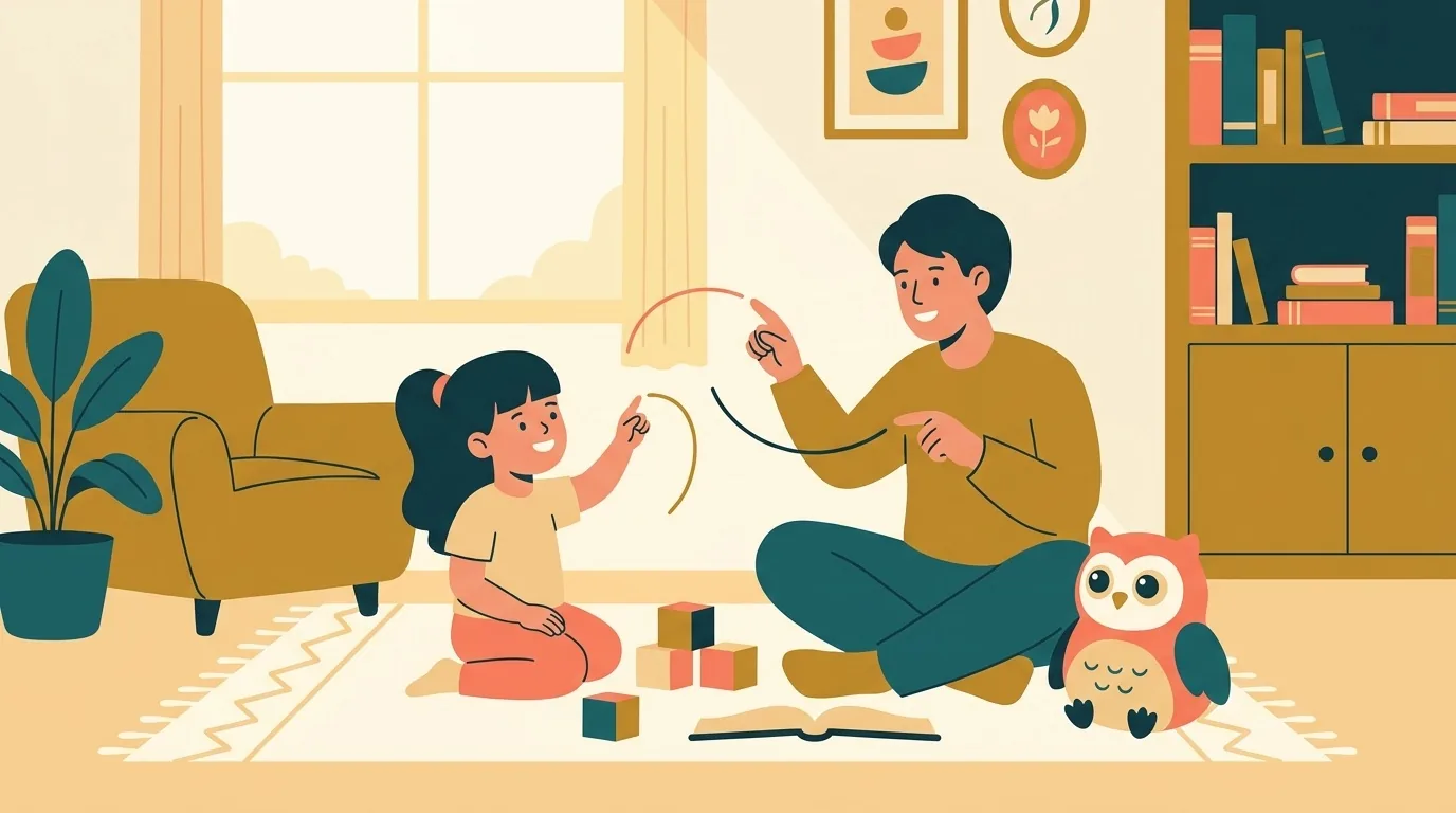 Un parent et un enfant de Grande Section tracent des formes dans l'air pour préparer l'écriture en s'amusant
