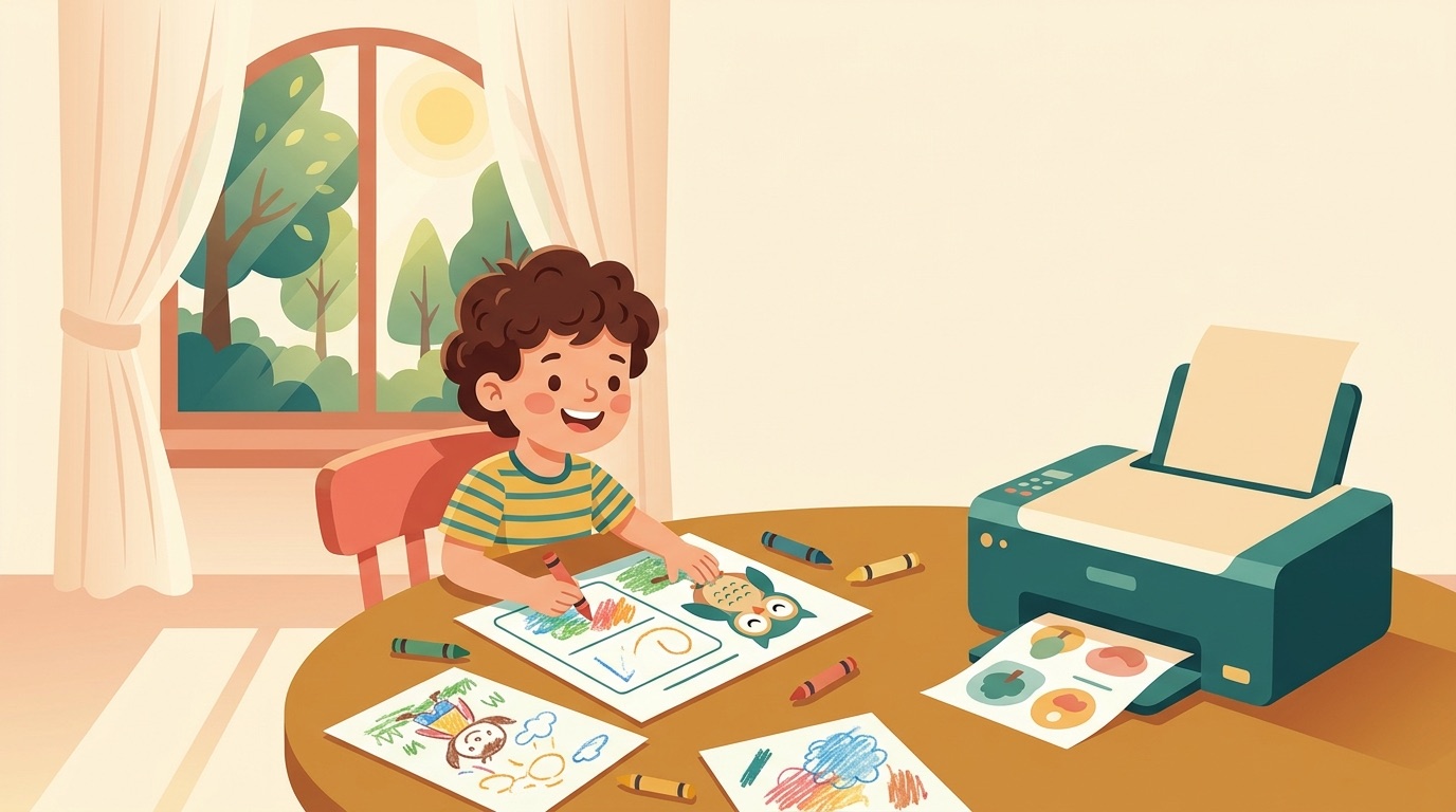 Un enfant de Grande Section colorie une page de cahier de vacances imprimée à la maison avec la chouette Bibou, l'été