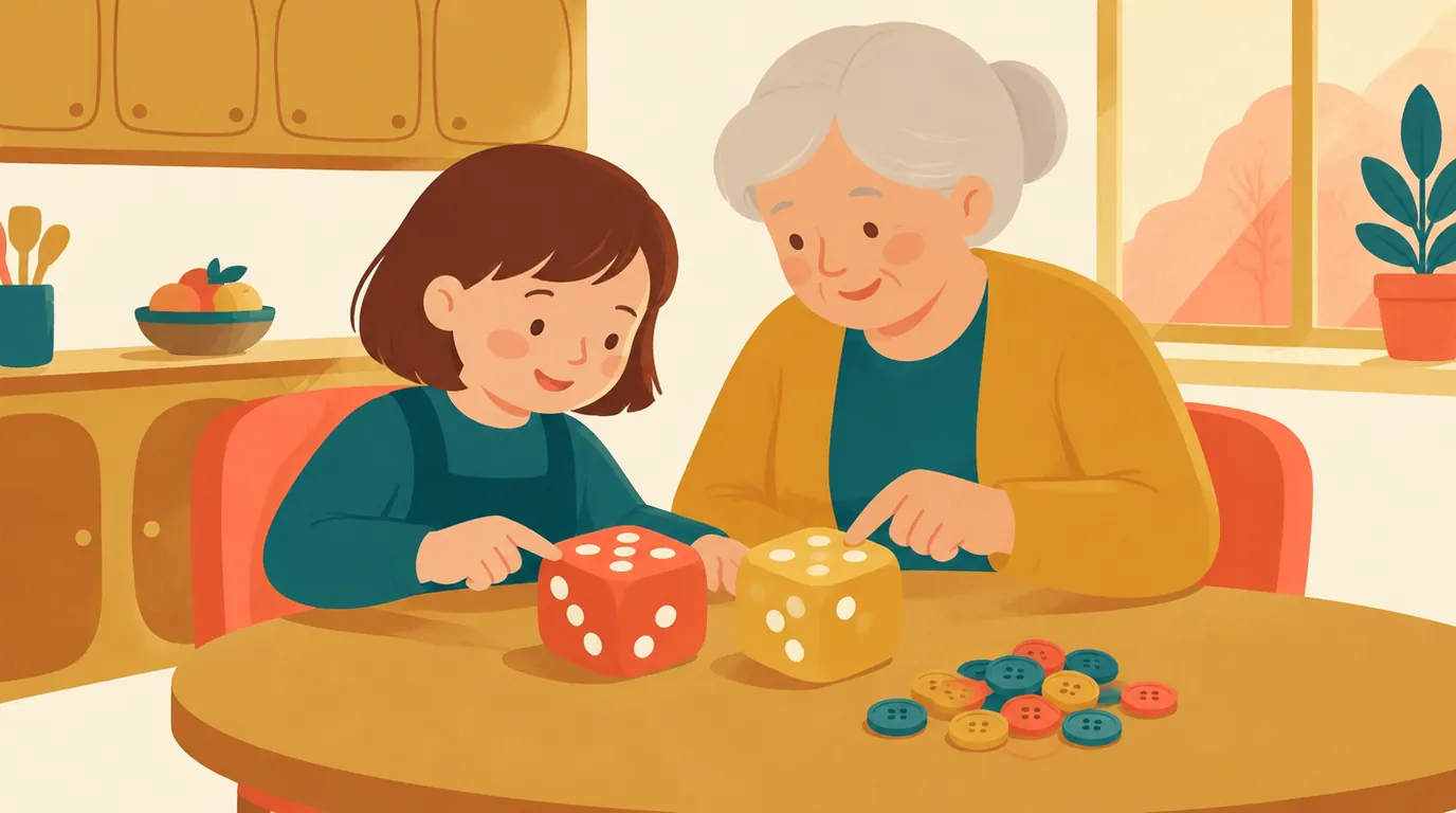 Une fillette de 7 ans et sa grand-mère lancent deux gros dés sur la table de la cuisine et comptent les points, des boutons posés à côté