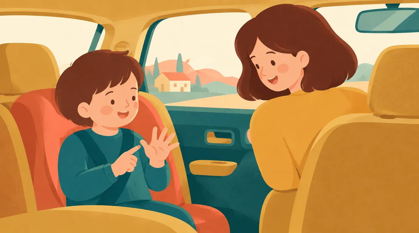 À l'arrière de la voiture familiale, un garçon de 7 ans compte sur ses doigts pendant que sa mère se retourne pour jouer avec lui