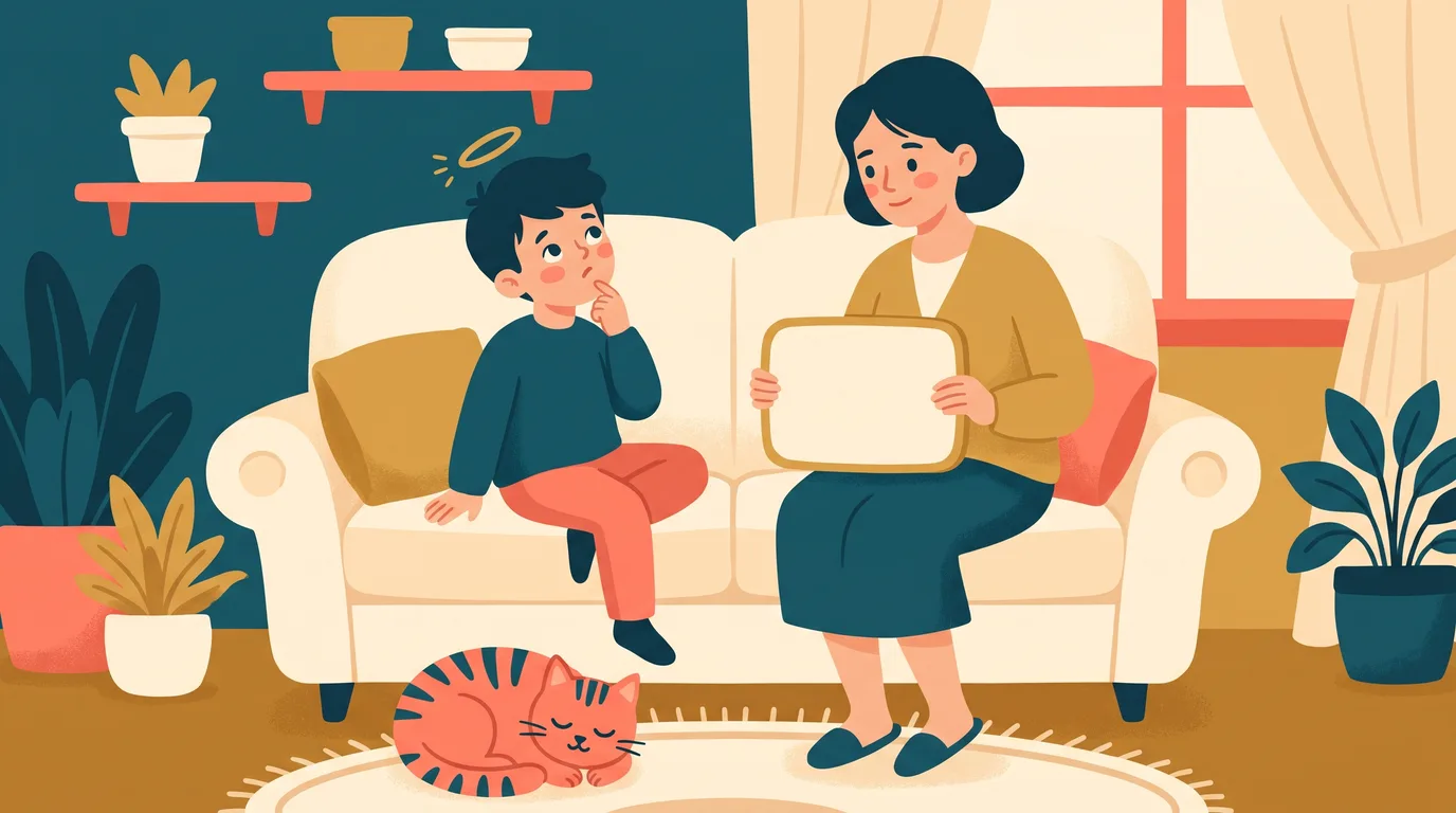 Un niño multiplica mentalmente doblando los números, su madre le escucha con una pizarra en la mano