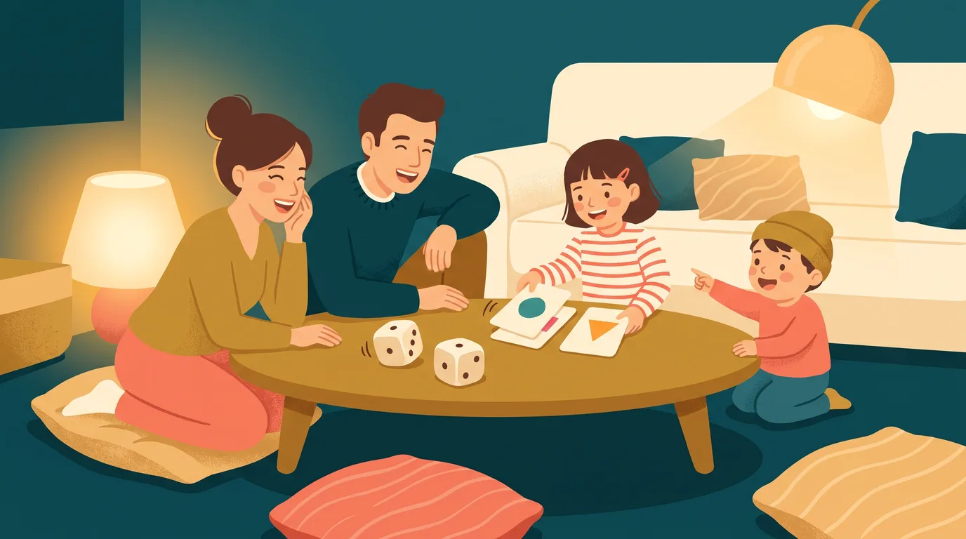 Una familia juega a las cartas y a los dados en la mesa del salón para practicar el cálculo mental