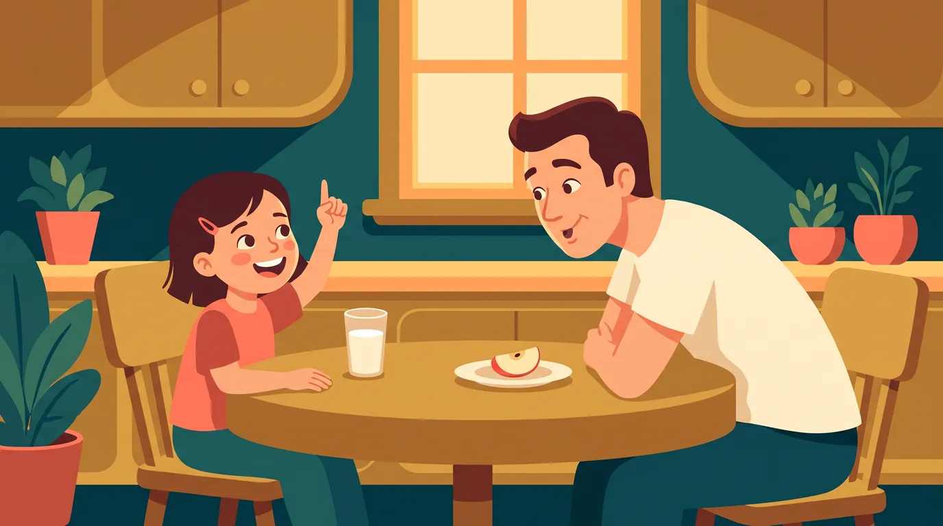 Una niña de 8 años y su padre se divierten haciendo cálculo mental en la mesa de la merienda