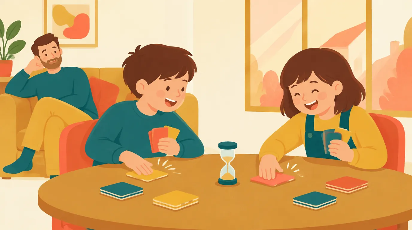 Ein Bruder und eine Schwester spielen ein Reaktionsspiel mit Karten und einer Sanduhr auf dem Küchentisch, während ihr Vater sie vom Sofa aus beobachtet.