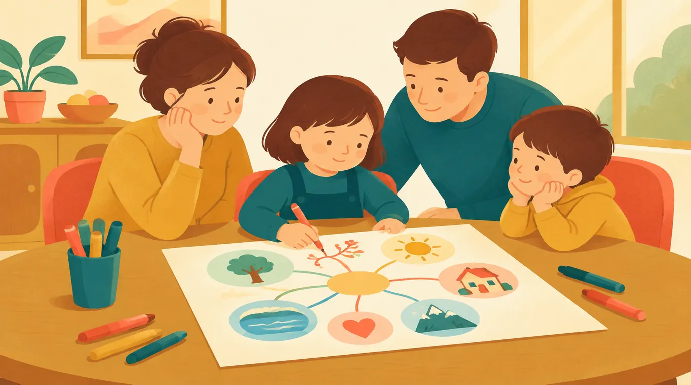 Une famille réunie autour de la table enrichit une grande carte heuristique dessinée avec des feutres de couleur