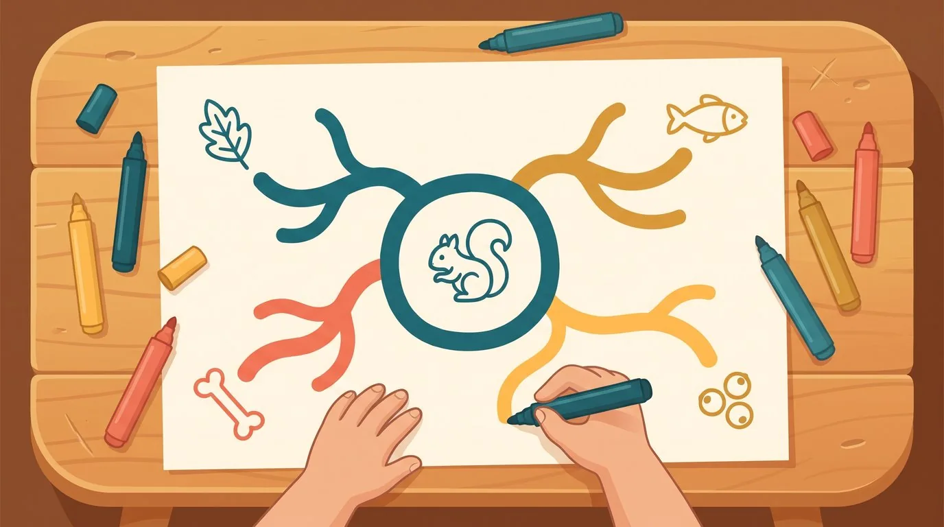 Carte mentale pour apprendre une leçon de sciences en CM1 : un écureuil dans le rond central et quatre branches colorées se terminant par une feuille, un poisson, un os et des baies
