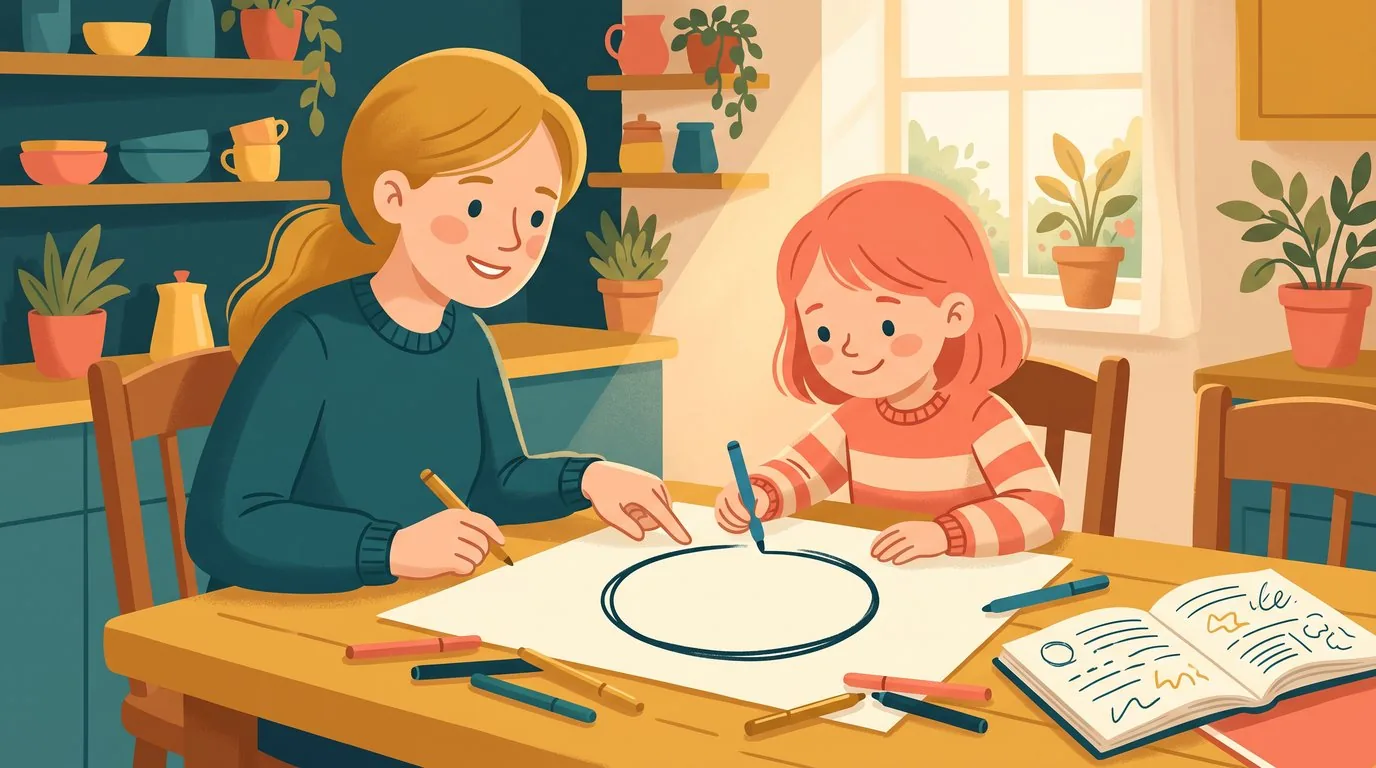 Comment faire une carte mentale pour apprendre une leçon : un parent et son enfant à la table de la cuisine, l'enfant trace au feutre le rond central sur une grande feuille