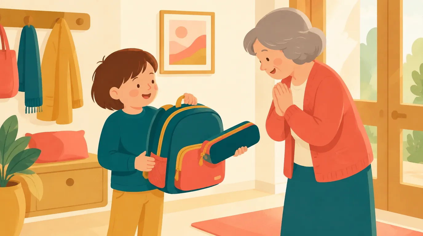 Un garçon de 9 ans montre son nouveau cartable et sa trousse à sa grand-mère dans l'entrée de la maison