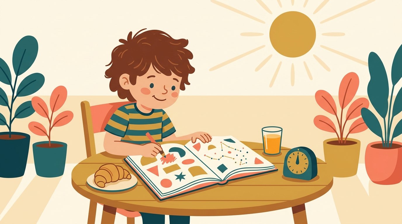 Un enfant fait une page de son cahier de vacances au petit-déjeuner sur la terrasse