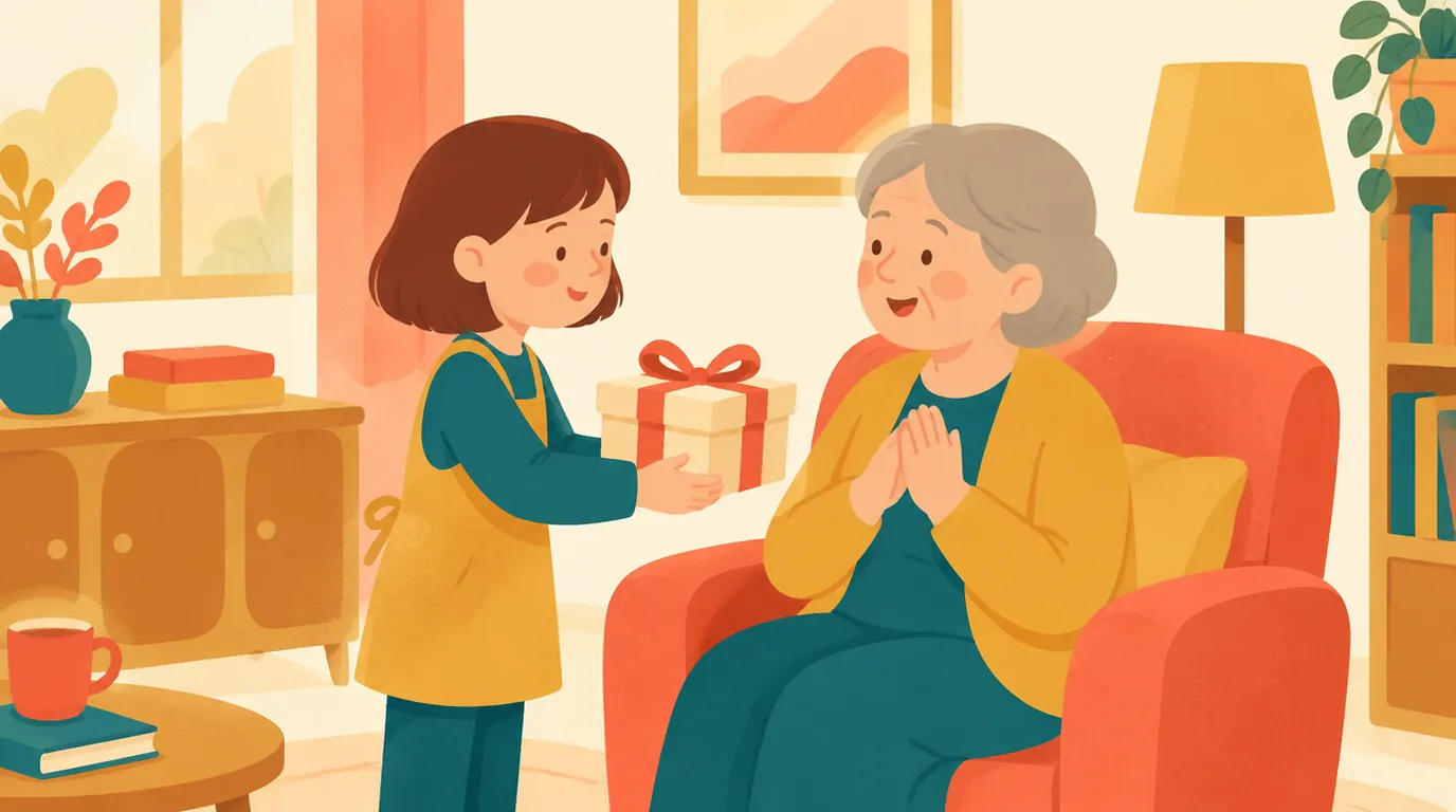Une fillette tend un cadeau emballé à sa grand-mère ravie, assise dans un fauteuil