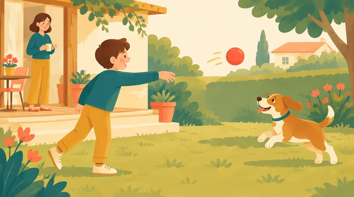 Un garçon de 10 ans lance une balle rouge à son chien dans le jardin, pendant que sa mère le regarde depuis la terrasse